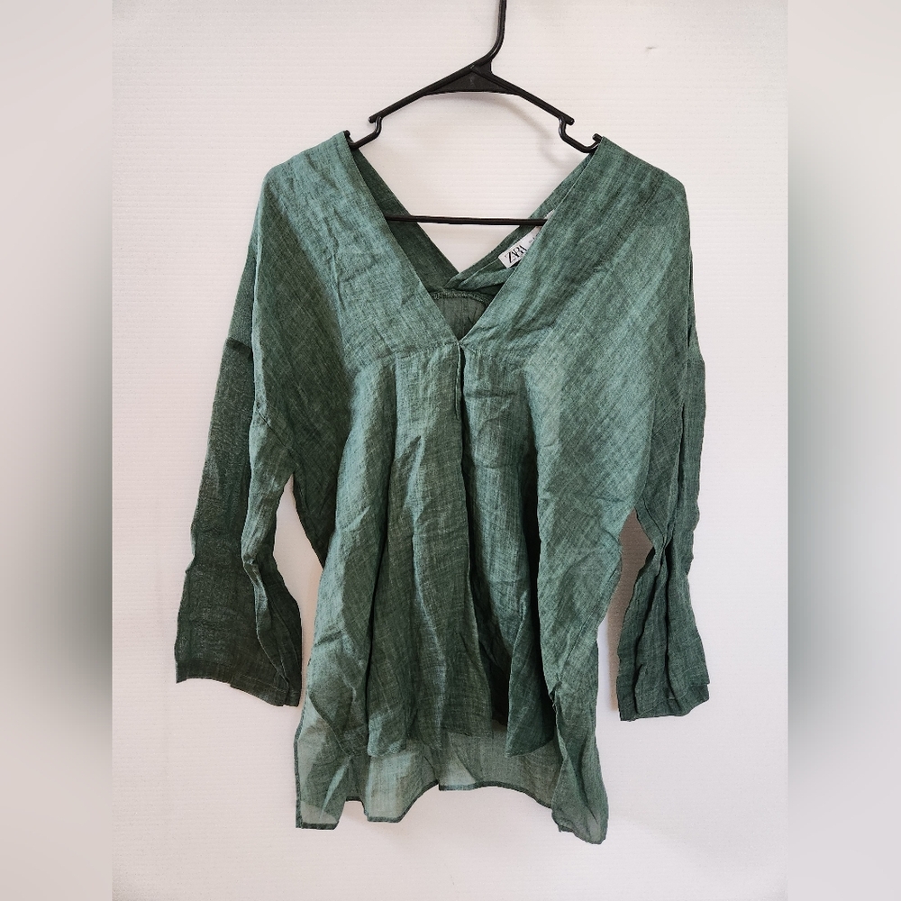 Zara NWT Caftan In Green Size small 100% Ramie